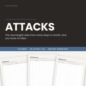 May include: A digital migraine and headache diary titled ATTACKS, featuring 16 pages in US Letter and A4 formats. The document includes templates for an attack log, a month count, and questions to ask, with white grid pages on a dark background.