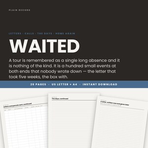 Pode incluir: Um documento digital intitulado PLAIN RECORD WAITED com texto sobre uma viagem e ausência. Abaixo, três páginas brancas são exibidas: uma com uma grade para cartas e pacotes, uma com linhas para os dias e uma para uma carta escrita para depois.