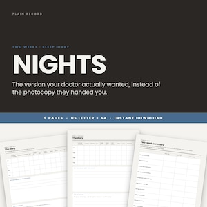 Könnte beinhalten: Eine digitale Schlaf-Tagebuch-Vorlage mit dem Titel NIGHTS, mit dunkler Kopfzeile und weißem Text. Das Dokument enthält Abschnitte für ein zweiwöchiges Tagebuch und eine Zusammenfassung mit Rasterlayouts zur Schlafverfolgung, verfügbar in A4 und US Letter.