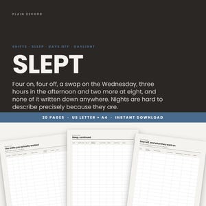 May include: A digital planner set titled SLEPT with a dark background and white text. The document includes 20 pages in US Letter and A4 sizes, featuring grid-based tracking sheets for shifts, sleep, days off, and daylight hours for logging.