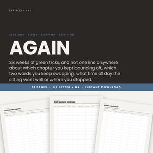 Könnte beinhalten: Ein digitales Planer-Set mit dem Titel AGAIN, das einen dunklen Hintergrund mit weißem Text aufweist. Es enthält 21 Seiten in den Formaten US Letter und A4. Das Layout zeigt drei Beispielseiten mit Rastertabellen zur Verfolgung von Lernfortschritten.