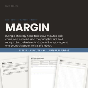 May include: A digital printable note-taking system titled MARGIN, featuring a black header with white text and blue accents. The layout includes nine pages in US Letter and A4 sizes, with sections for cues, notes, summaries, and sources.