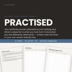 Puede incluir: Un documento digital titulado PRACTISED con secciones para actividades, horas, aprendizaje y evidencia. Incluye 11 páginas en formatos US Letter y A4, con instrucciones impresas sobre cómo usar el libro, un registro de actividades y un diario.