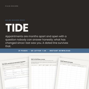 以下が含まれることがあります： TIDEというタイトルのデジタル記録ブック、MS記録ブック。USレターおよびA4サイズの21ページ構成。表紙のテキストには「Appointments are months apart and open with a question nobody can answer honestly: what has changed since I last saw you.」と記載されています。