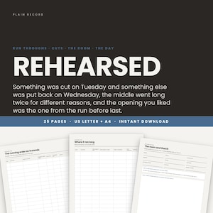 May include: A digital document titled REHEARSED with the text: Something was cut on Tuesday and something else was put back on Wednesday, the middle went long twice for different reasons, and the opening you liked was the one from the run before last. Includes 25 pages in US Letter and A4 sizes.
