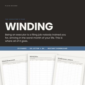 May include: A digital document titled Plain Record The Executor's Year Winding, featuring a black background with white text. Below, three white pages with grid layouts are displayed, labeled Everyone who has to be told, What they told us, and The estate account - money out. The text includes 25 pages, US Letter + A4, and instant download.