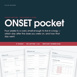 May include: A digital download of the ONSET pocket four-week tracking system. The dark blue header displays the title and description. Below, three white pages show printed grids for dose-day cards, appointment cards, and four-week tracking logs.