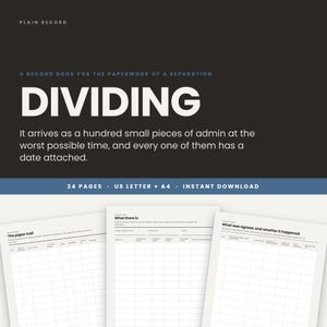 Puede incluir: Un libro de registro de 24 páginas para trámites de separación titulado DIVIDING, con una portada negra con texto en blanco y tres páginas interiores de muestra con diseños de cuadrícula para organizar documentos, bienes y acuerdos.