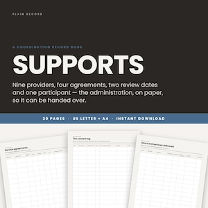 Peut inclure: Un carnet de suivi intitulé SUPPORTS avec une couverture noire et du texte blanc. Le livre comprend 20 pages aux formats US Letter et A4. Trois pages intérieures sont visibles, présentant des modèles à grille pour les contrats de service, les journaux de contact et les heures et services fournis.