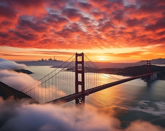 May include: A red suspension bridge with a dramatic sunset sky and fog in the foreground. The bridge is a popular landmark in San Francisco, California.