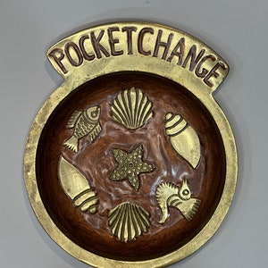 Vintage Brass Pocket Change Dish with Seashells and Fish