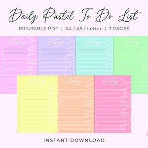 Può includere: Lista di cose da fare giornaliera stampabile in colori pastello con sette pagine, una per ogni giorno della settimana. Ogni pagina ha un colore di sfondo pastello e il giorno della settimana è scritto in testo bianco.