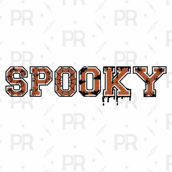 Spooky season halloween PNG, digital download file for commercial use and projects, varsity retro font with pumpkins ghosts bats and cobweb