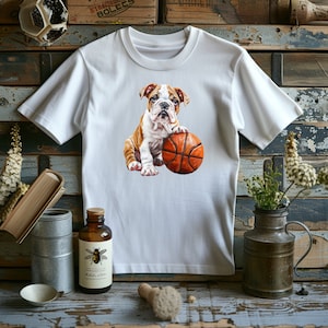 English Bulldog & Basketball Graphic T-Shirt- Dribble and Drool- Slam Dunk Style for Dog and Hoops Fans
