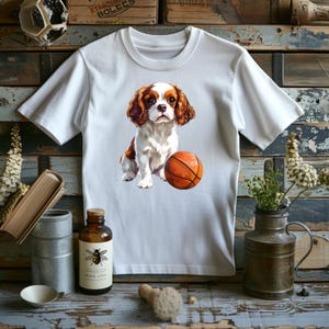 Cavalier King Charles Spaniel Puppy T-Shirt Basketball Player Gift Sports Apparel Casual Wear Unisex Cotton Tee Dog Lover Gift