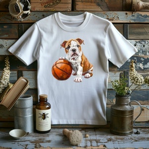 English Bulldog & Basketball Graphic T-Shirt- Dribble and Drool- Slam Dunk Style for Dog and Hoops Fans