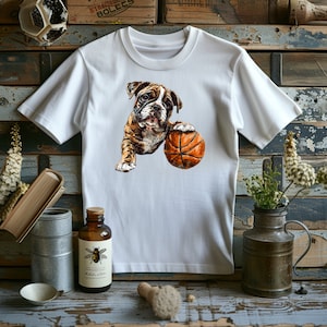 English Bulldog & Basketball Graphic T-Shirt- Dribble and Drool- Slam Dunk Style for Dog and Hoops Fans