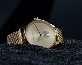 Mens Gold Watch Minimalist Gold dial mesh band Paradox