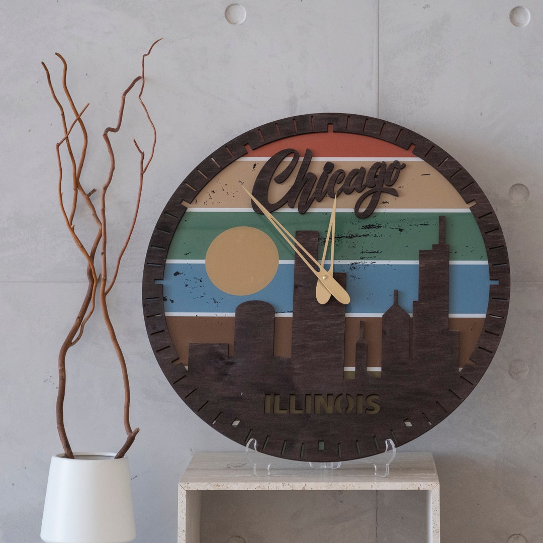 Chicago Wall Clock Wood Chicago Clock Chicago Skyline Clock - Etsy