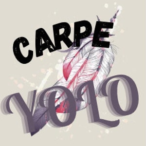 May include: A black and white graphic design with the text "CARPE YOLO" in a bold, stylized font. A gray and red feather is behind the text.