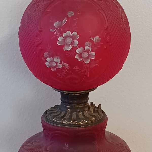 Antique Gone With The Wind Red Satin Glass Floral Embossed Lamp 1800s Victorian