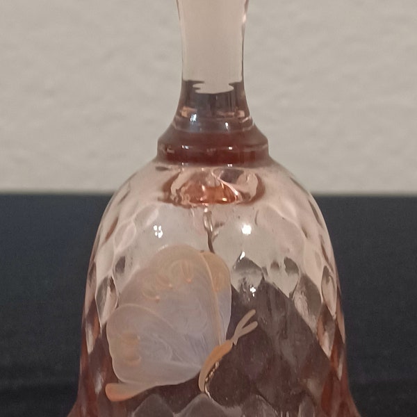 Vintage Hand Painted Butterfly Fenton Diamond Optic Pink Glass Bell - Signed