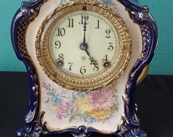 Antique Ansonia Royal Bonn La CLAYETTE Cobalt Blue Mantle Clock Working Condition with Pendulum