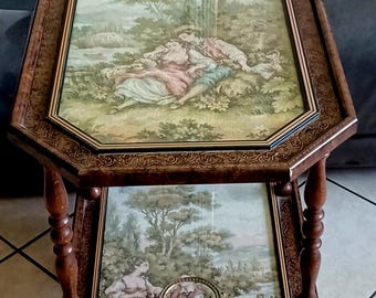 Vintage Woven Tapestry 2-Tiered Italian Wood and Glass Tea Service Trolley Cart **LOCAL PICK UP**