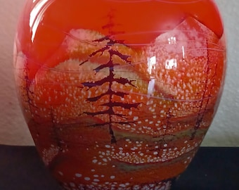 OOAK Vintage Richard Satava Studio Art Glass Teton Red Large Landscape Vase 10.5"