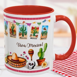 Mexican Coffee Mug with Cactus Sombrero and Papel Picado, Colorful Ceramic Cup Gift for Mexico Lovers