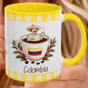 Colombia Coffee Mug with Colombian Farmer in Coffee Cup, Yellow Gingham Ceramic Souvenir Gift