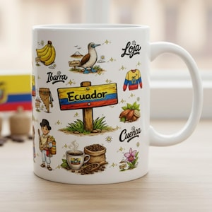 May include: White ceramic mug featuring colorful illustrations of Ecuador, including a sign with the word "Ecuador", a blue-footed booby bird, bananas, coffee, and other cultural symbols. The mug has a curved handle.