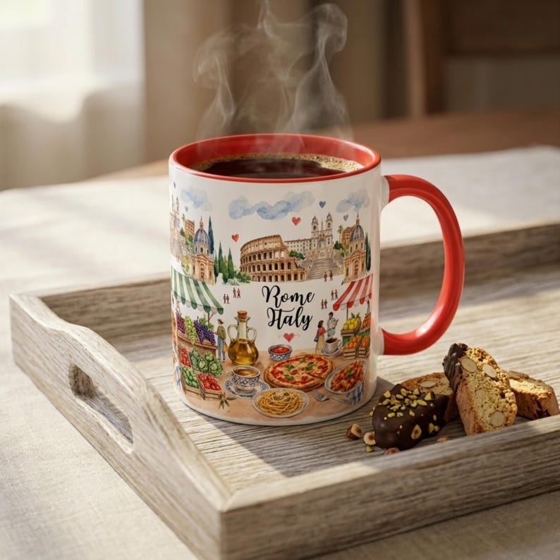 May include: A white ceramic mug with a red interior and handle, featuring a colorful illustration of Rome, Italy, with the text "Rome Italy." The mug is filled with hot coffee, and sits on a wooden tray with biscotti.