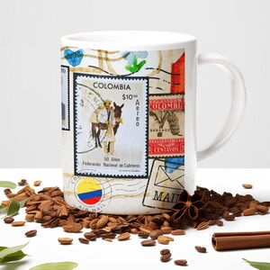 Colombia Coffee Mug with Vintage Colombian Post Stamps Images, Colombia Souvenir Cup, Keepsake Mug, Colombian Pride Gift for Coffee Lovers