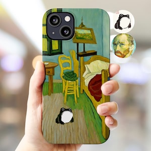 May include: A phone case with a painting of a bedroom with a bed, a chair, and a table. The painting is in a style similar to Vincent van Gogh. The phone case is green, blue, and yellow.