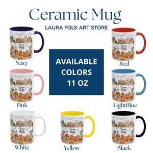Pode incluir: Canecas de cer&acirc;mica em v&aacute;rias cores, cada uma com um design com o texto "Rome Italy" e ilustra&ccedil;&otilde;es de marcos e comida italianos. As cores dispon&iacute;veis s&atilde;o azul marinho, vermelho, rosa, azul claro, branco, amarelo e preto. Cada caneca tem 325 ml.