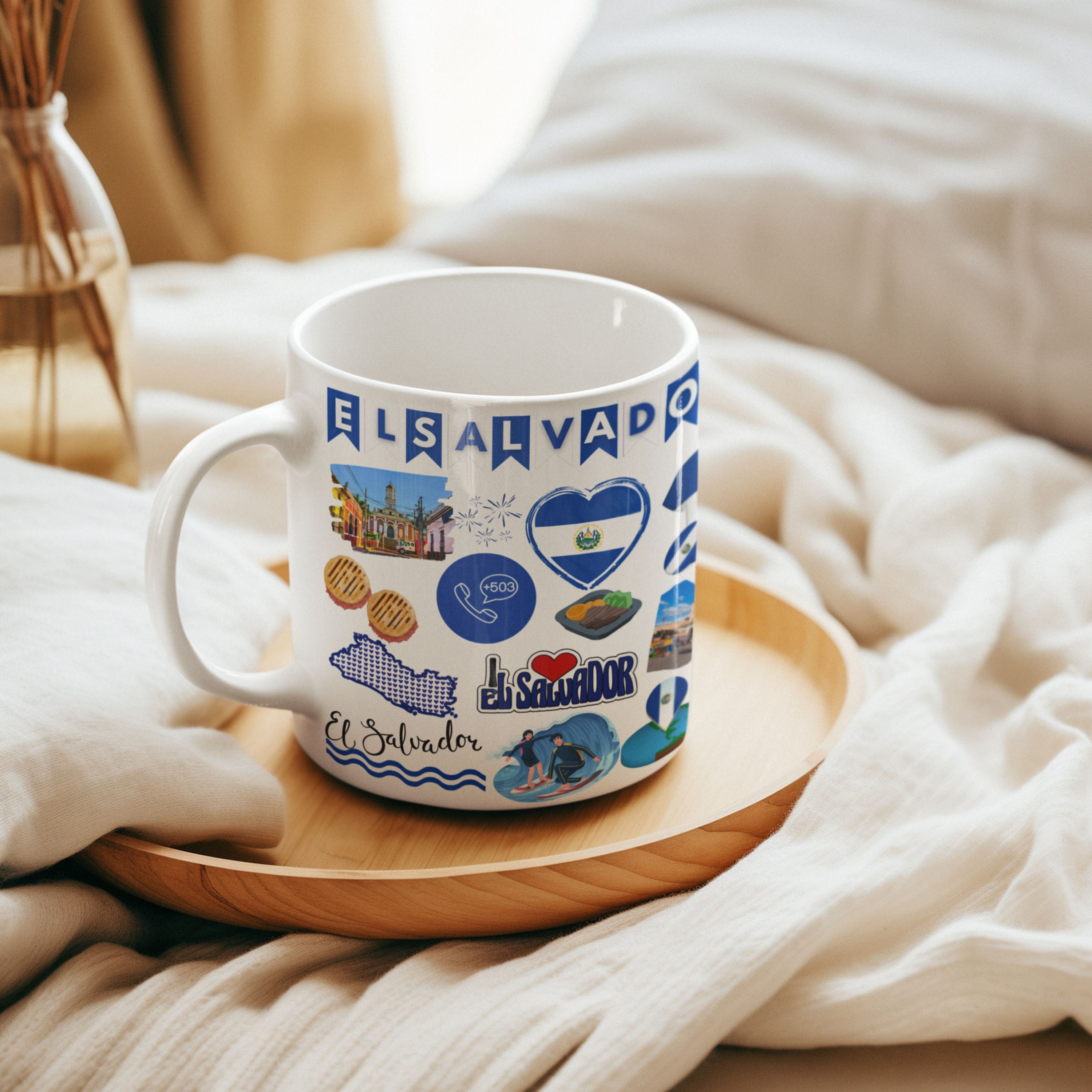 Living with Salvadoran Builds Character. El Salvador Souvenir Coffee & Tea Mug for Friend Who was Born in El Salvador, Foreigner, Visitor, Tourist, Traveler, Men and Women (11oz