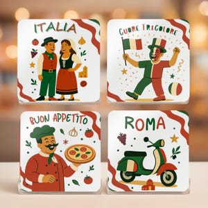 Italia Coaster Set, Vibrant Italian Themed Corkwood Coasters - Unique Gift for Fiesta Holidays, Weddings, Anniversary, Kitchen Decor
