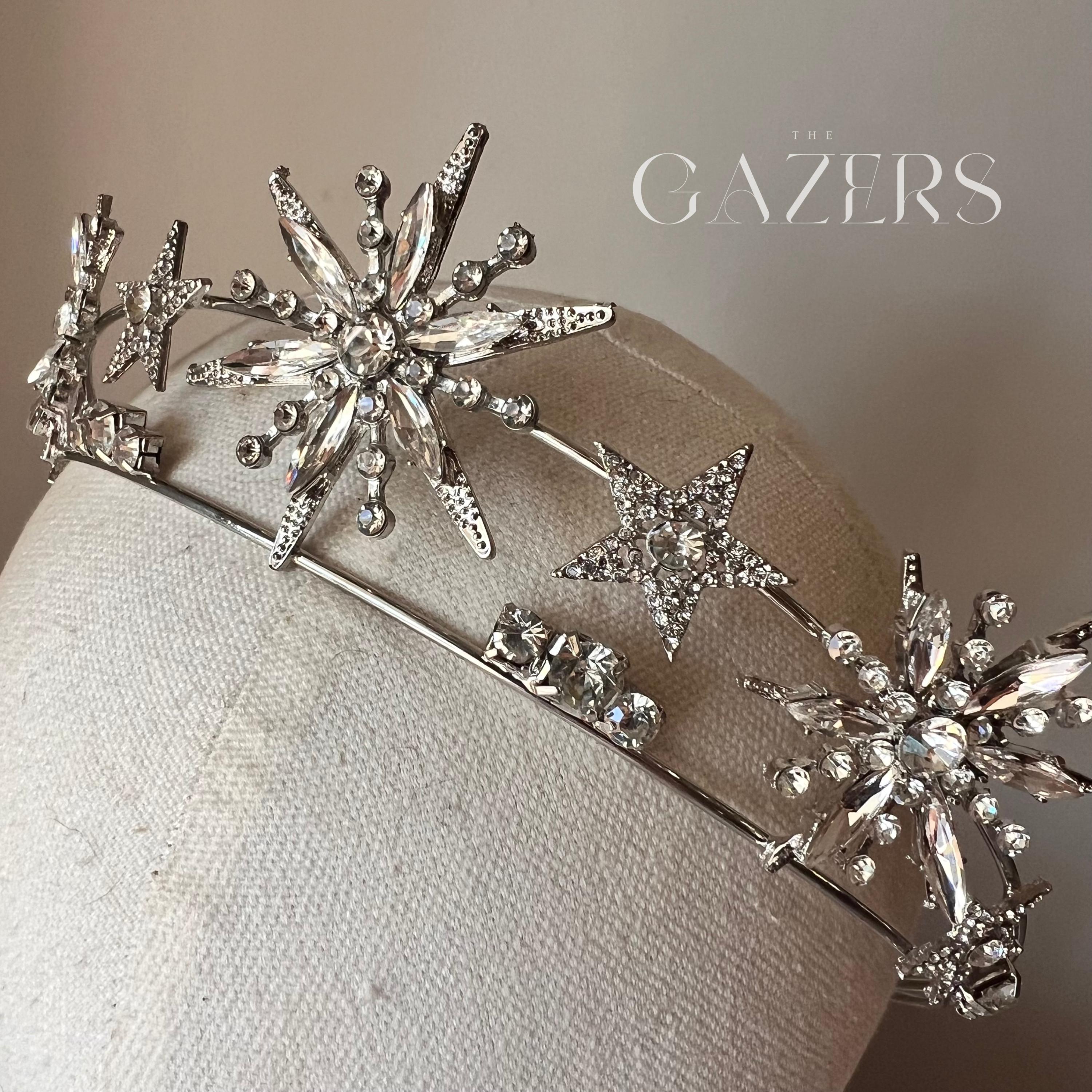 Silver Starburst Crystal Tiara - Elegant Women\'s Accessory Starburst 2 tier bridal tiara - Style #2510 main image 2