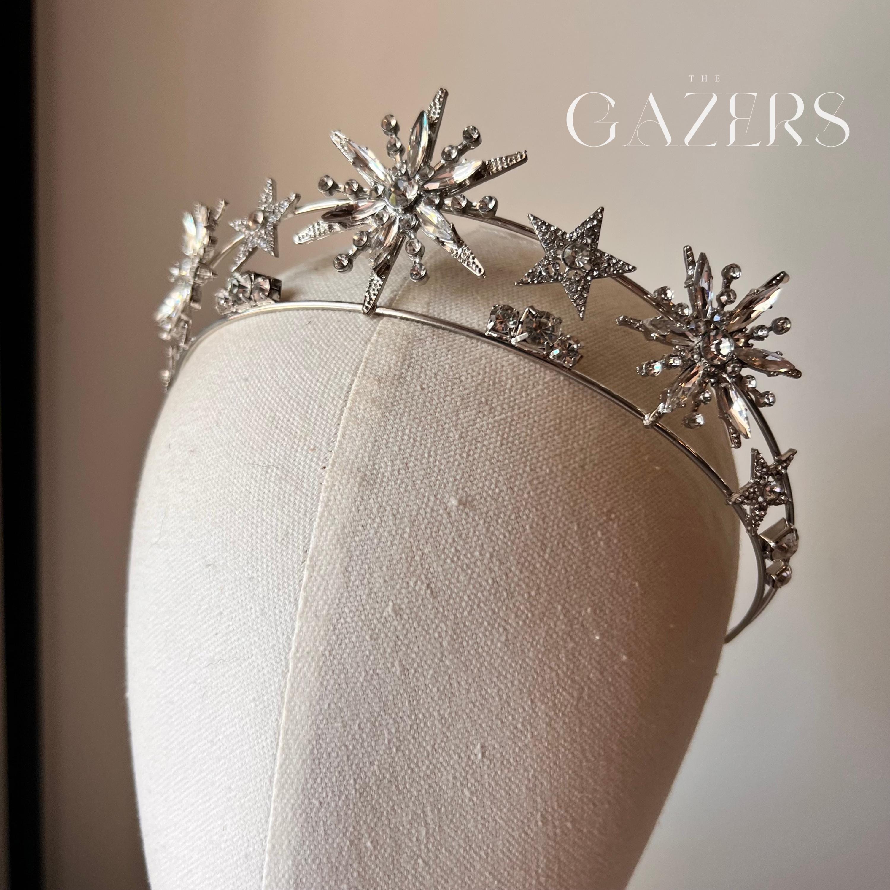 Starburst Tiara, Silver Bridal Crown in Crystal With Starry  display picture 2