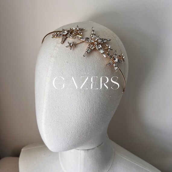 Crystal Starburst Bridal Alice Band, Gold Celestial Wedding  display picture 1