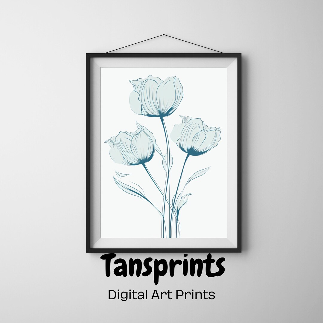 Printable Minimalist Flower Drawing Wall Art Blue Flowers Etsy