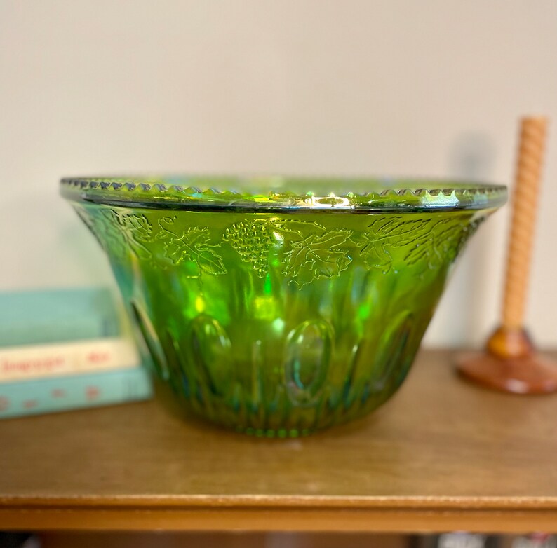 Vintage Green Carnival Glass Punch Bowl Etsy