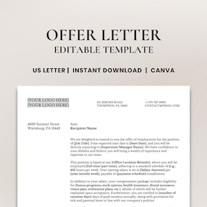 Plantilla de carta de oferta profesional • Plantilla de carta de oferta de trabajo personalizable para uso comercial y de RR. HH. • Formulario de oferta de empleo para nuevos empleados editable