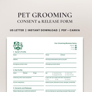 Formulario de consentimiento y autorización para el cuidado de mascotas • Formulario de admisión de clientes y mascotas editable • Contrato de cuidado de perros imprimible / Plantilla PDF y Canva