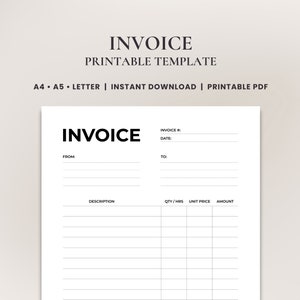 Minimalist Invoice Template • Easy to Use PDF Format for Small Businesses & Freelancers • Instant Download Blank Invoice | Printable PDF