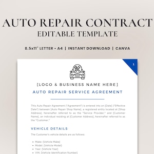 Auto Repair Service Agreement Template • Vehicle Maintenance Contract • Car Repair Service Agreement • Editable and Printable Canva Template