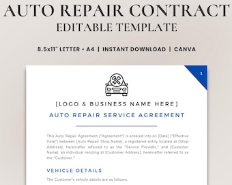 Auto Repair Service Agreement Template Vehicle Maintenance Contract Car Auto Repair Service Agreement Template Vehicle Maintenance Contract Car