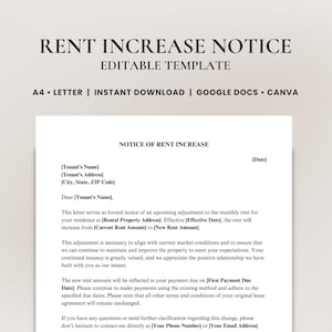 Plantilla de aviso de aumento de alquiler • Formulario de carta de aumento de alquiler editable para propietarios • Aviso de ajuste de alquiler para inquilinos / Google Docs y Canva