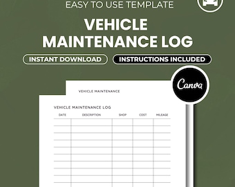 Carnet d'entretien de voiture • Fiche d'informations sur le véhicule et carnet d'entretien de format lettre • Design minimaliste • Imprimable en téléchargement numérique • Modèle sur toile
